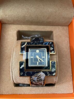 Tory Burch Black and Gold Floral Enamel Bangle Watch